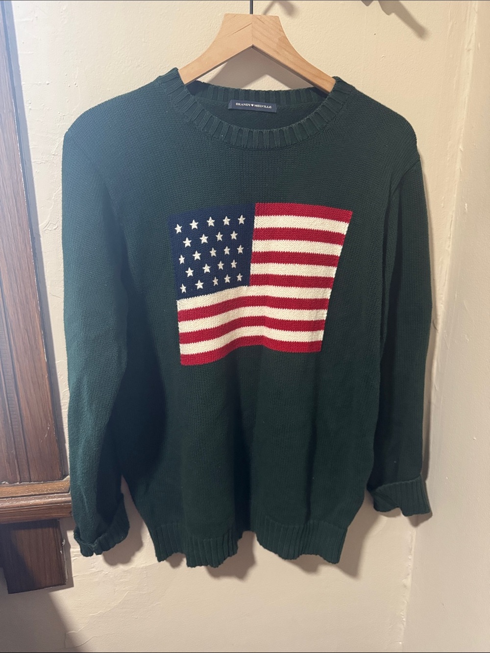 Brandy Melville Forest Green Crewneck Sweater with Flag Motif